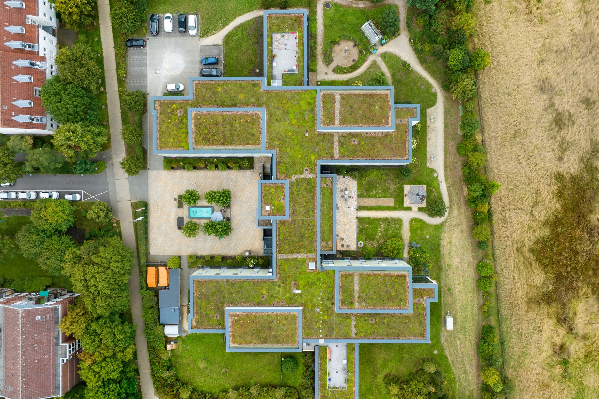 Planted grass rooftops - aerial view